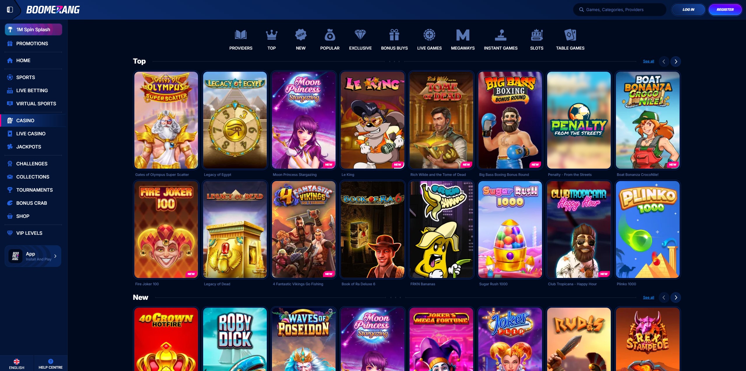 Aperçu du lobby des jeux de Boomerang Casino pour jouer gratuitement en mode démo