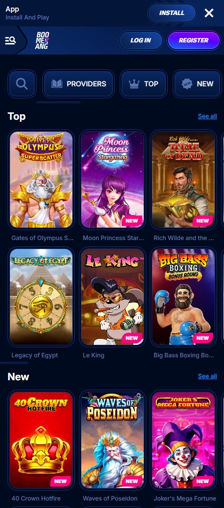 Interface du casino sur l'application mobile Boomerang